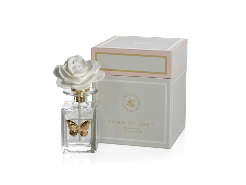 Zodax Apothecary Guild Botanical Porcelain Diffuser 3.75" x 3.75" x7" Fig Vetiver Butterfly